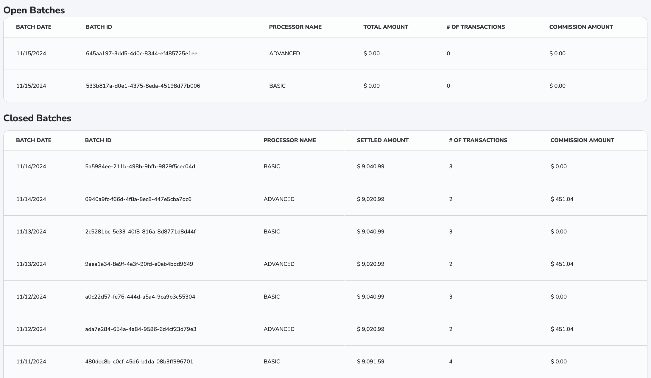 Settlement Batch Table Settlement Batch Table